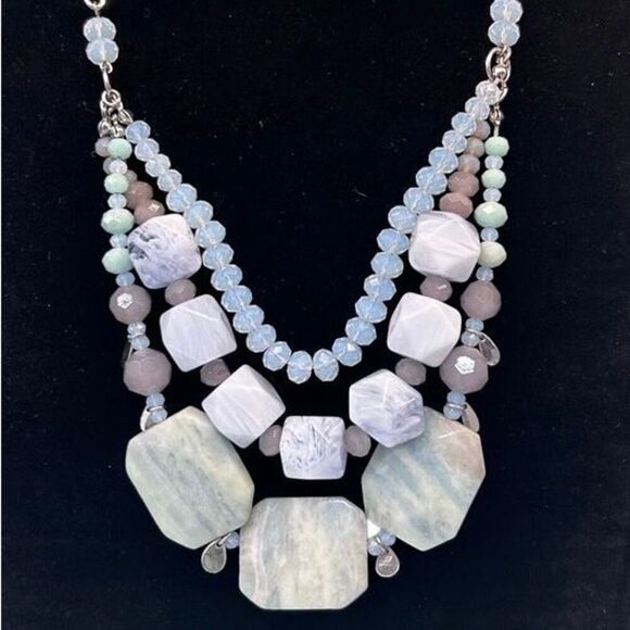 Vtg The Limited Blue Lace Agate Stone & Beads Layered Bib Necklace 19" Signed - Picture 3 of 6